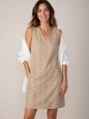 Talbots Khaki Eyelet Lace Sleeveless Dress Size 6 Lined Shift Boho Classic